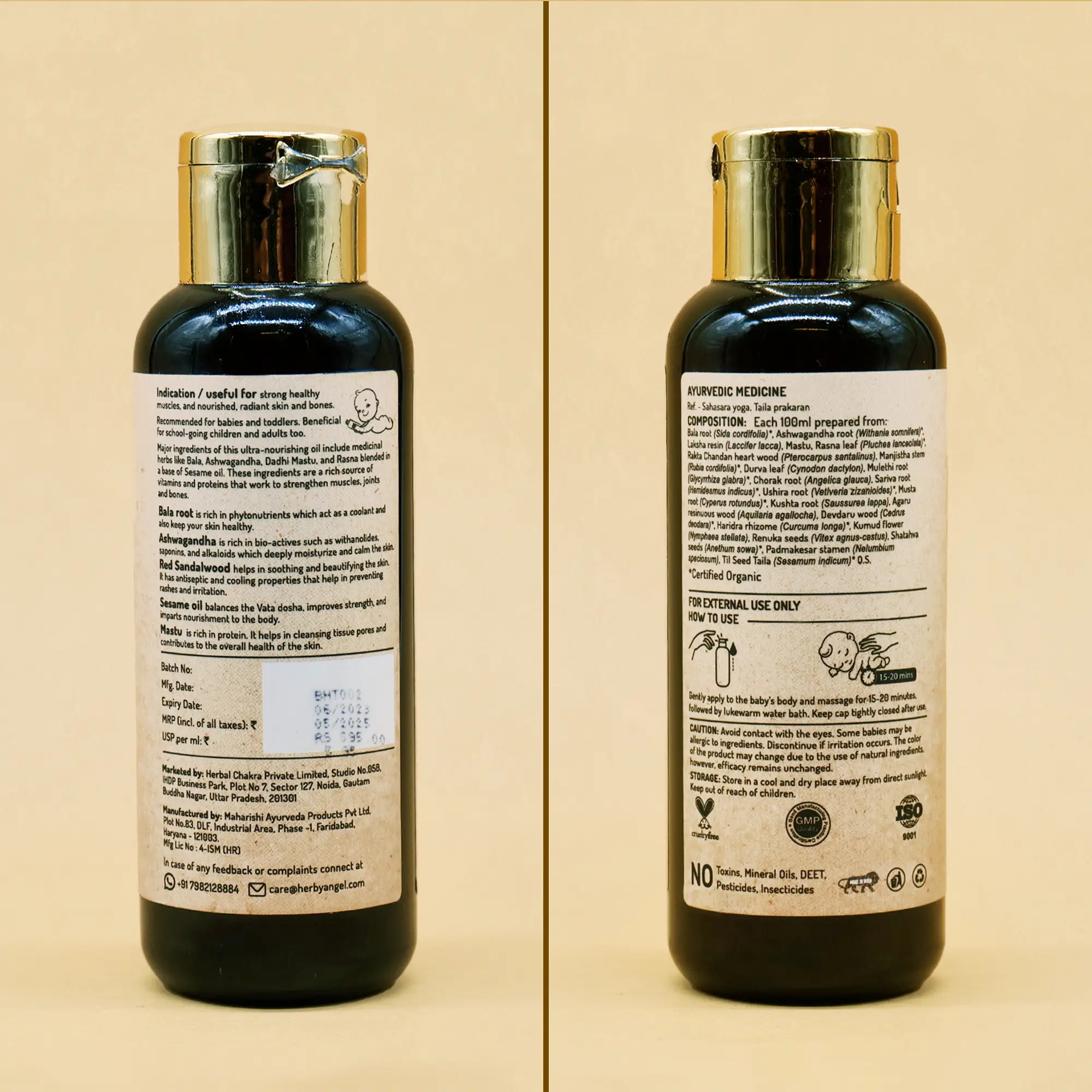 Back label of Bala Ashwagandhadi oil showing the full 23-herb composition and how to use